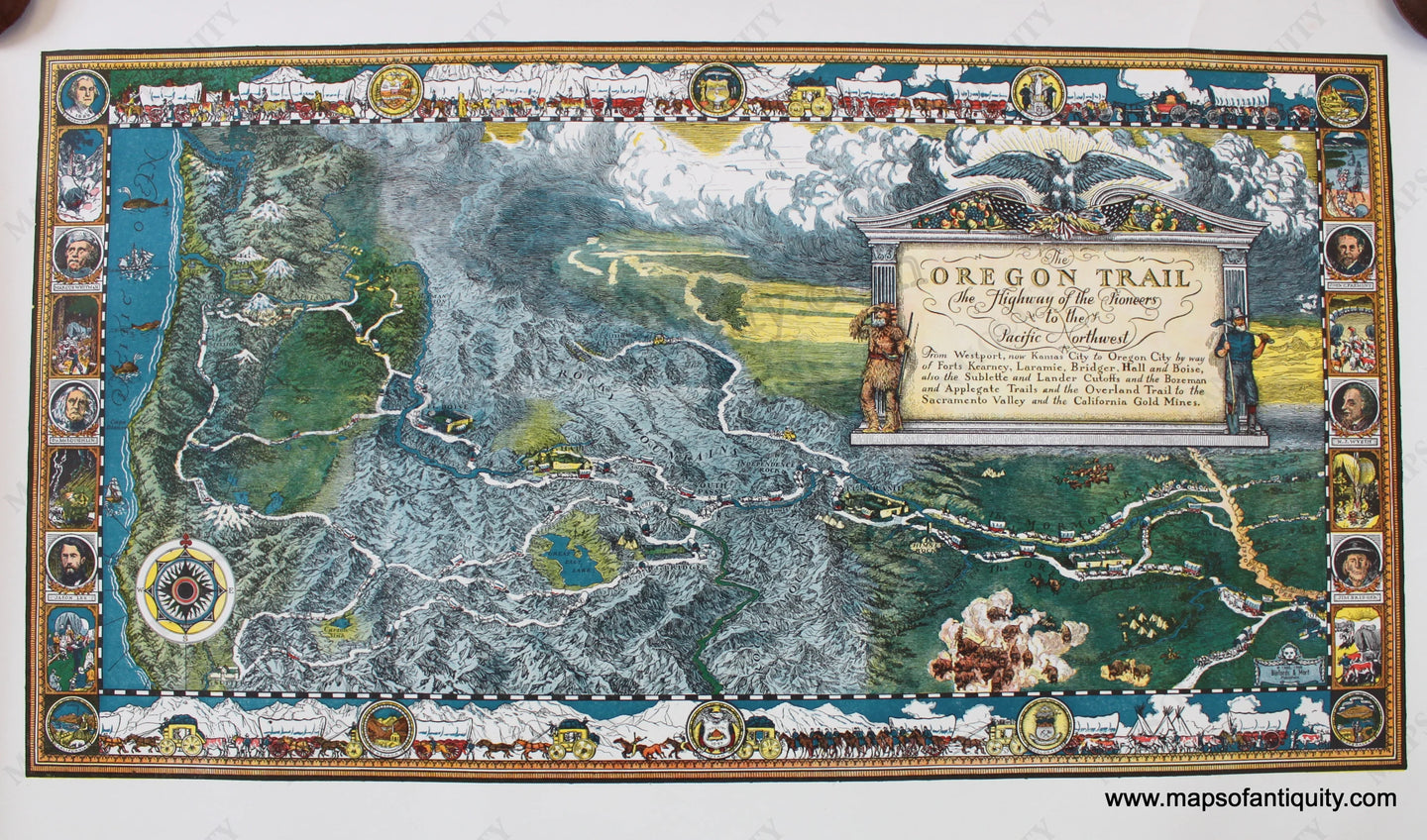 Printed-Color-Pictorial-Map-The-Oregon-Trail-The-Highway-of-the-Pioneers-to-the-Pacific-Northwest-1960/1966-McIlwraith-/-Binfords-&-Mort-West-1800s-19th-century-Maps-of-Antiquity