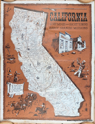 Pictorial map of California in printed-color orange-brown, black, and white. Antique-Pictorial-Map-West-California-Lost-Mines-and-Ghost-Towns-Early-Spanish-Missions-1969-Andy-Dagosta-California-1900s-20th-century-Maps-of-Antiquity