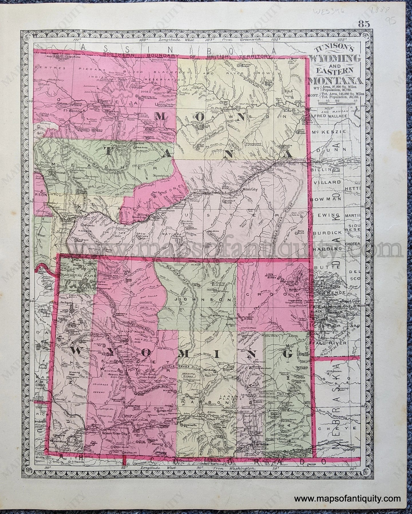 Antique-Map-Tunison's-Wyoming-and-Eastern-Montana;-verso:-Tunison's-Idaho-and-Western-Montana-United-States-West-1888-Tunison-Maps-Of-Antiquity-1800s-19th-century