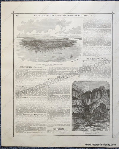 Antique-Print-Atlas-Page-with-Prints:-View-of-the-City-of-San-Francisco-Cal.-And-Falls-of-Yosemite.--Verso:-Yellowstone-the-Grand-Canyon-Cities-in-the-Cliffs-United-States-West-1888-Tunison-Maps-Of-Antiquity-1800s-19th-century