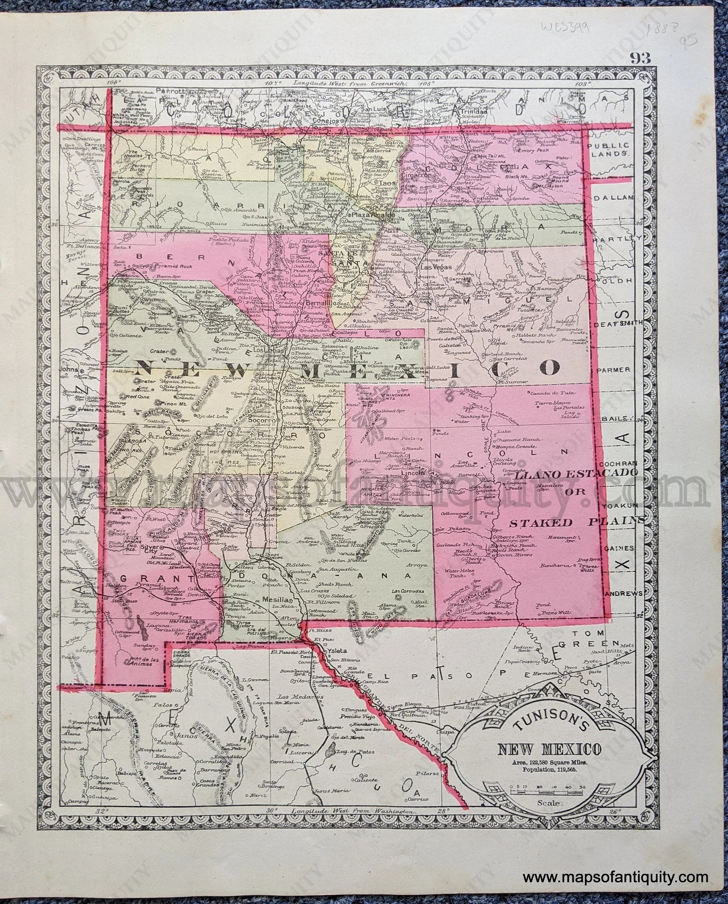 Antique-Map-Tunison's-New-Mexico;-verso:-Tunison's-Utah-Territory-and-Tunison's-Washington-Territory-United-States-West-1888-Tunison-Maps-Of-Antiquity-1800s-19th-century