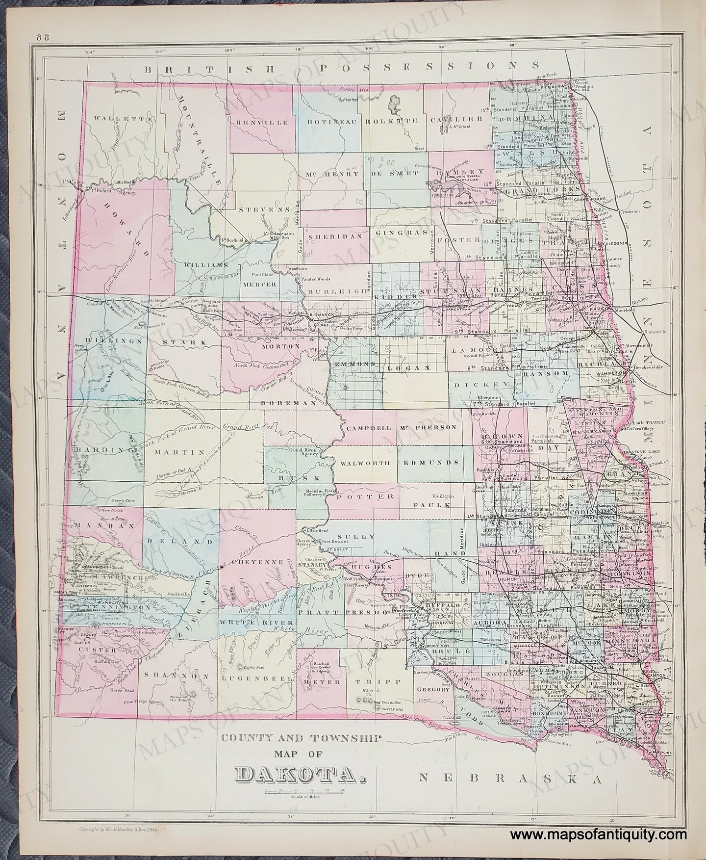 Antique map of Dakota Territory in tones of pink, orange, yellow, green, blue. Antique-Hand-Colored-Map-County-and-Township-Map-of-Dakota-United-States-West-1885-Mitchell-Maps-Of-Antiquity-1800s-19th-century