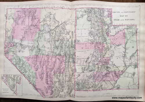 Antique-Hand-Colored-Map-County-and-Township-Map-of-Utah-and-Nevada-United-States-West-1884-Mitchell-Maps-Of-Antiquity-1800s-19th-century