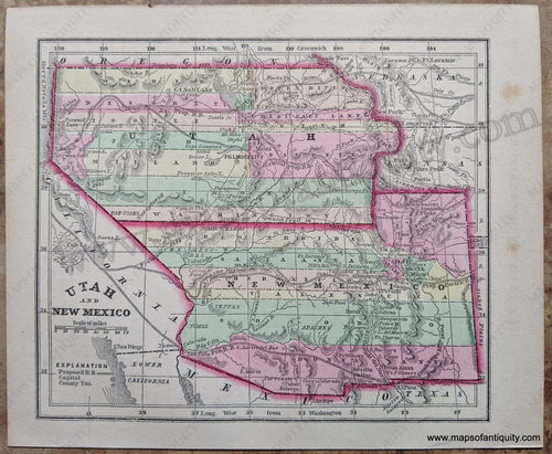 Antique-Hand-Colored-Map-Utah-and-New-Mexico-United-States-West-1857-Morse-and-Gaston-Maps-Of-Antiquity-1800s-19th-century