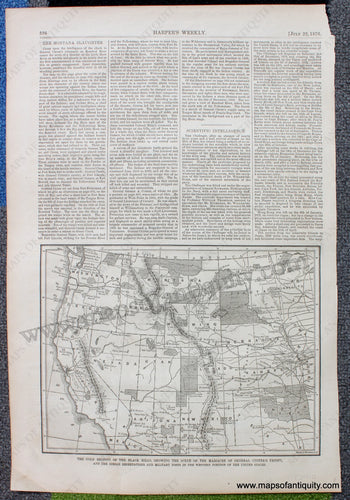 Antique-Black-and-White-Map-with-Text-The-Gold-Regions-of-the-Black-Hills-Showing-the-scene-of-the-Massacre-of-General-Custer's-Troops-and-the-Indian-Reservations-and-Military-Posts-in-the-estern-Portion-of-the-United-States-United-States-West-1876-Harper's-Weekly-Maps-Of-Antiquity-1800s-19th-century