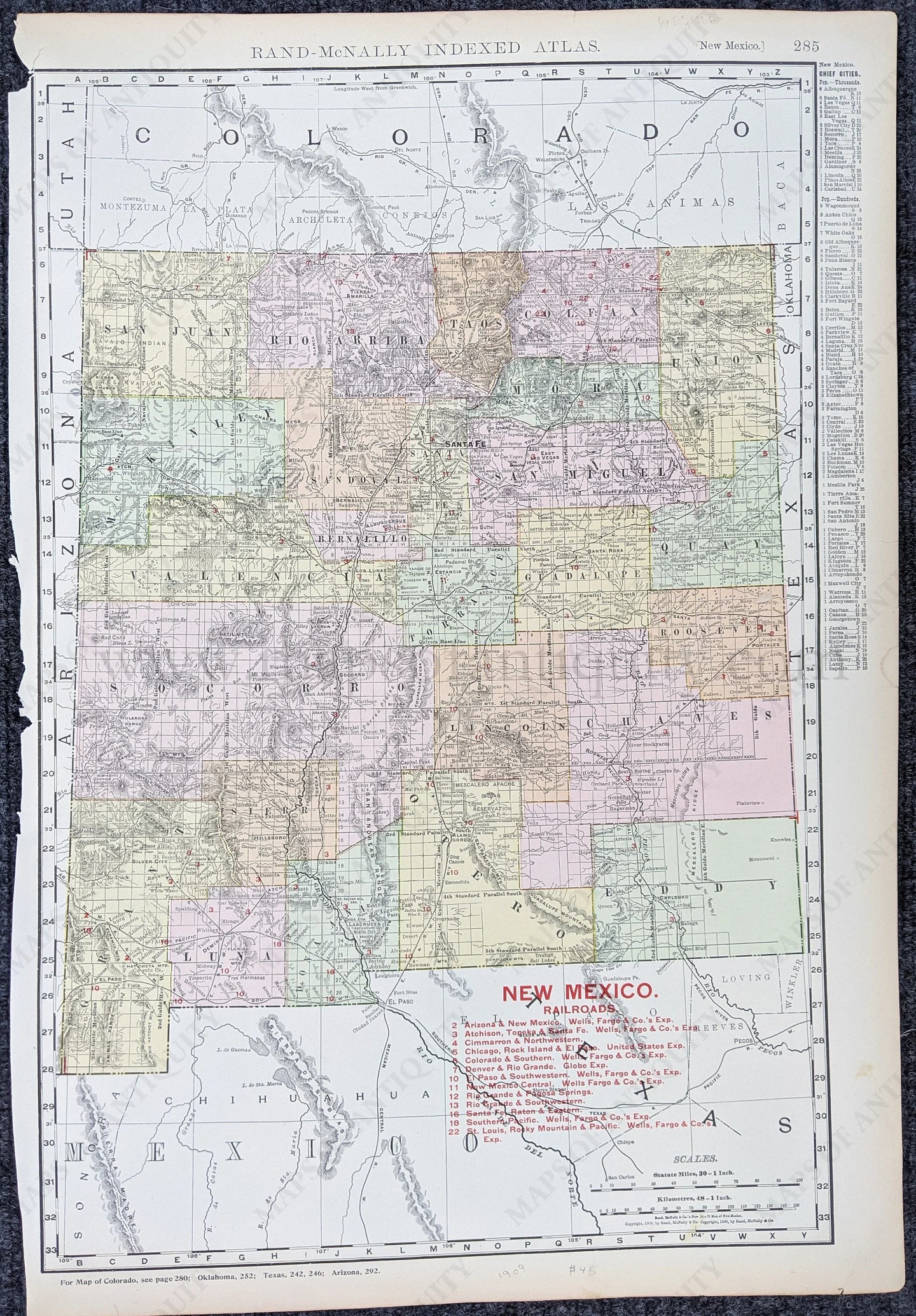 Genuine-Antique-Printed-Color-Map-Double-sided-Page-with-New-Mexico-and-Idaho--United-States-West-1909-Rand-McNally-Maps-Of-Antiquity-1800s-19th-century