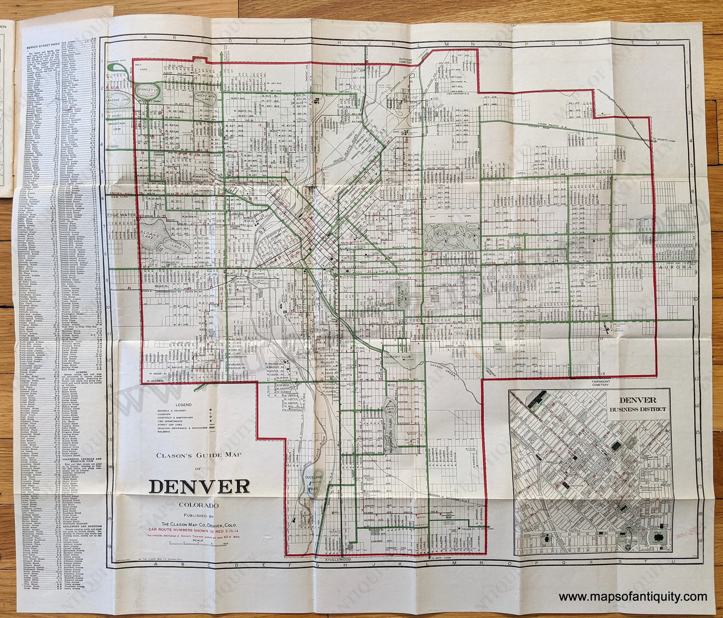 Genuine-Antique-Folding-Map-Clason's-Guide-Map-of-Denver-United-States-West-c.-1925-Clason-Map-Co.-Maps-Of-Antiquity-1800s-19th-century