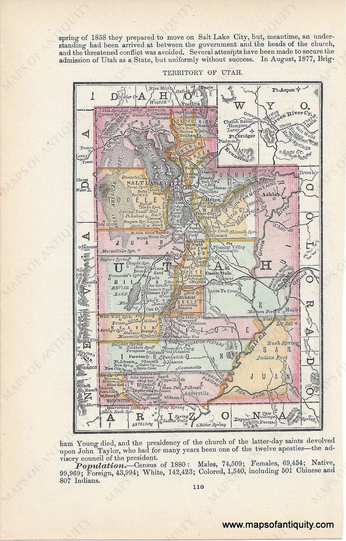 Antique Map of the Territory of Utah from 1884 by Rand. McNally & Co. Map is printed in bright colors and there is a small amount of text above and below the map on the page. 