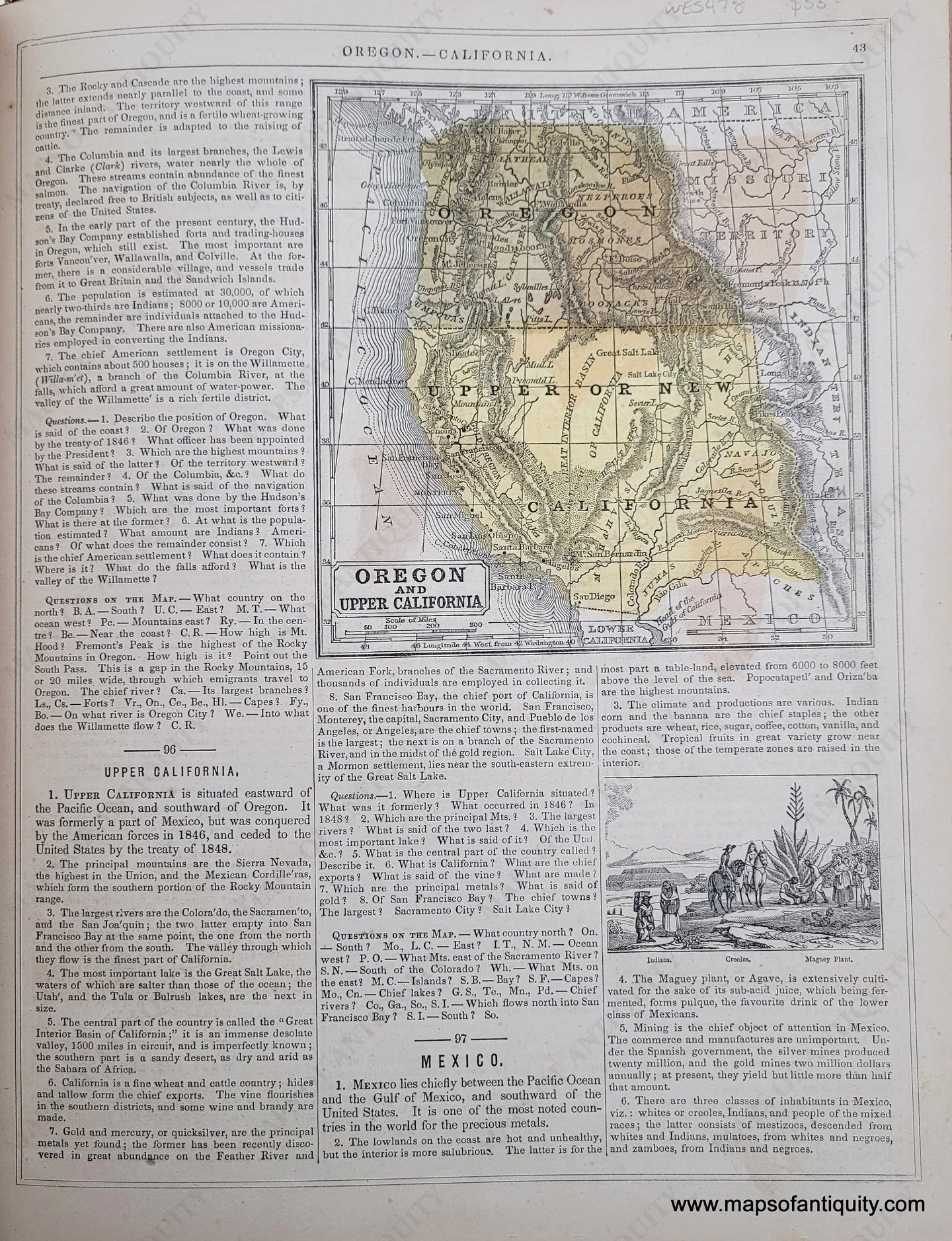 Genuine-Antique-Hand-Colored-Map-Double-sided-page-Oregon-and-Upper-California-verso-Mexico-and-Guatimala-Guatemala-1850-Mitchell-Thomas-Cowperthwait-Co--Maps-Of-Antiquity