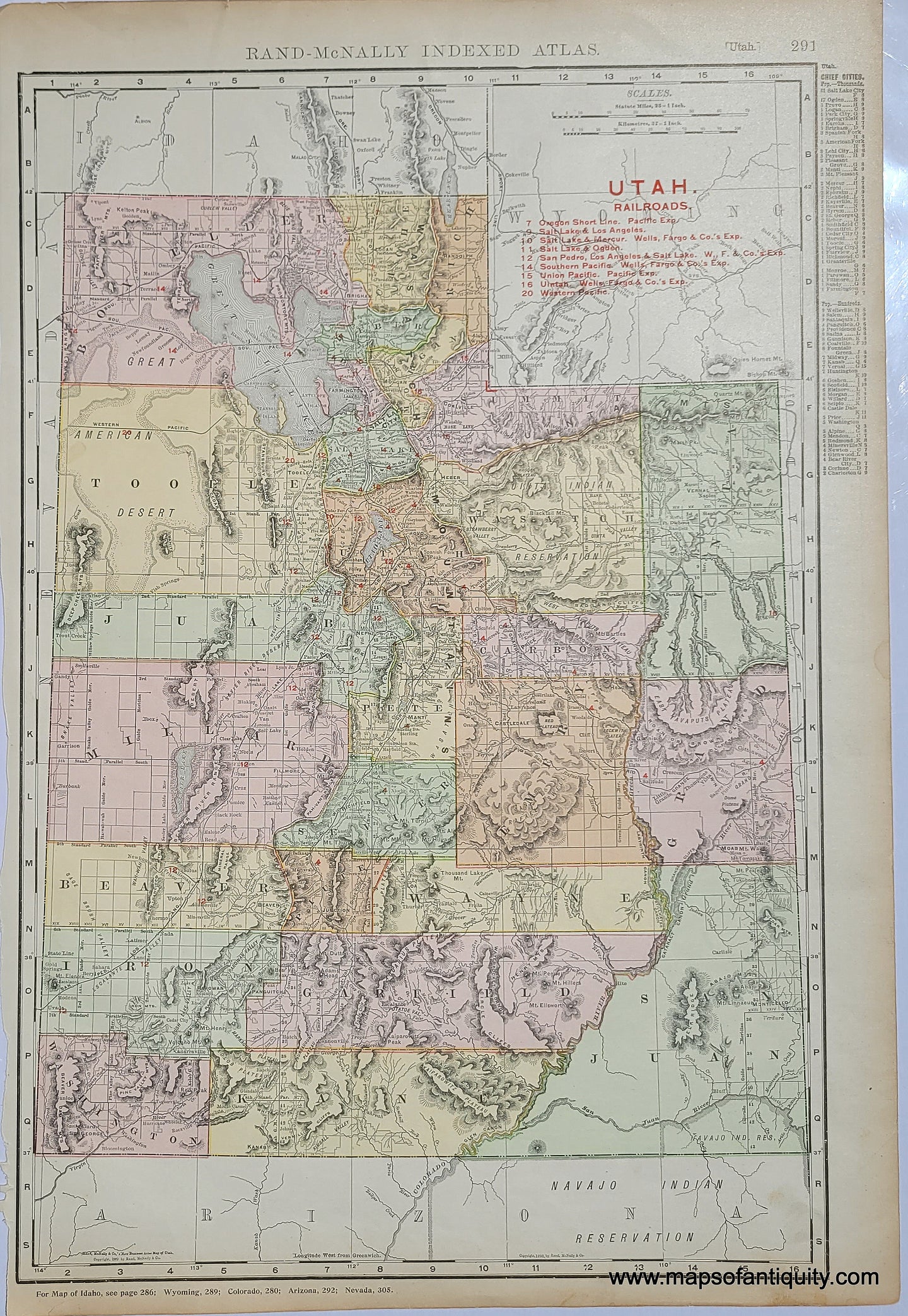 Genuine antique double-sided page with map of Utah on one side and Arizona on the other, printed with vibrant printed color showing early county boundaries, 1909 by Rand McNally