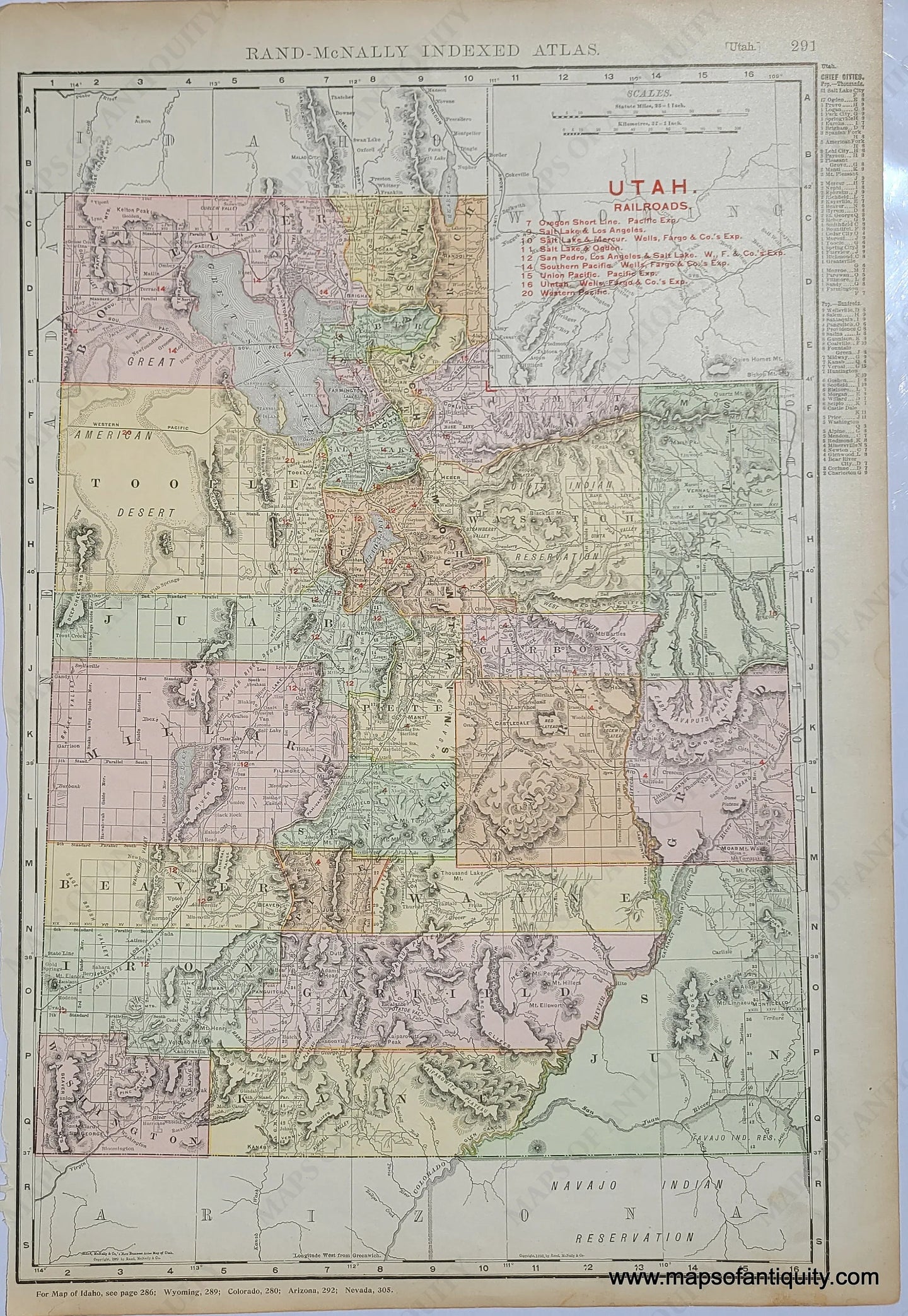 Genuine antique double-sided page with map of Utah on one side and Arizona on the other, printed with vibrant printed color showing early county boundaries, 1909 by Rand McNally