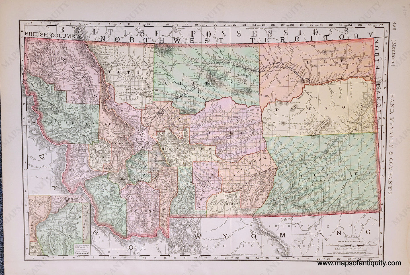 Genuine-Antique-Map-Montana-Montana--1898-Rand-McNally-Maps-Of-Antiquity-1800s-19th-century