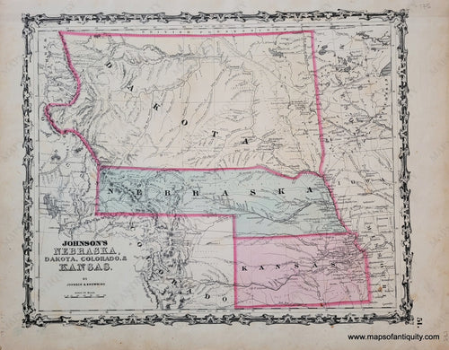 Genuine-Antique-Map-Johnsons-Nebraska-Dakota-Colorado-&-Kansas-Kansas-Nebraska-North-Dakota-South-Dakota-Montana-Wyoming-Colorado-1861-Johnson-Browning-Maps-Of-Antiquity-1800s-19th-century