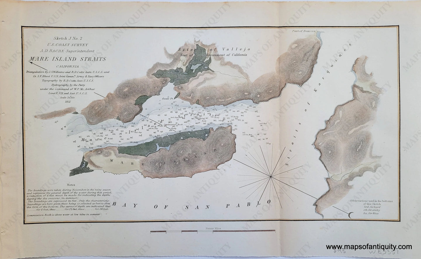 Genuine-Antique-Chart-Sketch-J-No-2-Mare-Island-Straits-California-California-Coastal-Report-Charts--1851-US-Coast-Survey-Maps-Of-Antiquity-1800s-19th-century