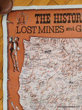 Load image into Gallery viewer, Pictorial map in the style of an old west poster bulletin. Orange-brown color along with black and white. Large map at the center shows the entire western half of the United States with lots of information and some illustrations. The Legend shows Ghost Towns, Old Mines, Military Posts, Lost Mines, and Missions. Dramatic illustrations surround the map including a rifle and a skull with a hole in the forehead.
