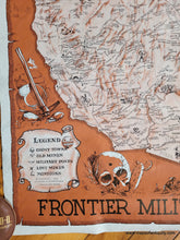 Load image into Gallery viewer, Pictorial map in the style of an old west poster bulletin. Orange-brown color along with black and white. Large map at the center shows the entire western half of the United States with lots of information and some illustrations. The Legend shows Ghost Towns, Old Mines, Military Posts, Lost Mines, and Missions. Dramatic illustrations surround the map including a rifle and a skull with a hole in the forehead.
