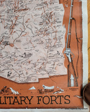 Load image into Gallery viewer, Pictorial map in the style of an old west poster bulletin. Orange-brown color along with black and white. Large map at the center shows the entire western half of the United States with lots of information and some illustrations. The Legend shows Ghost Towns, Old Mines, Military Posts, Lost Mines, and Missions. Dramatic illustrations surround the map including a rifle and a skull with a hole in the forehead.
