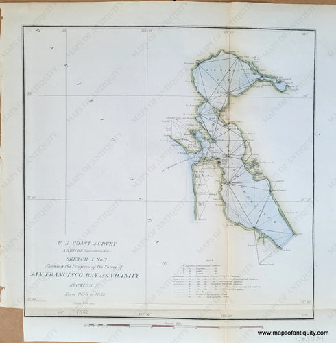 Genuine-Antique-Chart-Sketch-J-No-2-Survey-of-San-Francisco-Bay-and-Vicinity-Section-X-From-1850-to-1852-California-Coastal-Report-1852-US-Coast-Survey-Maps-Of-Antiquity-1800s-19th-century