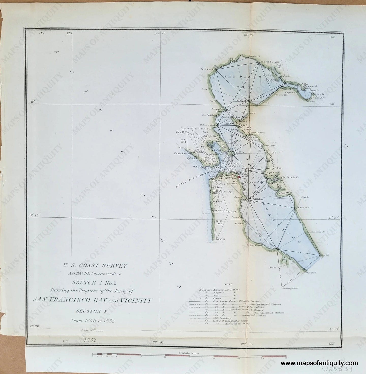 Genuine-Antique-Chart-Sketch-J-No-2-Survey-of-San-Francisco-Bay-and-Vicinity-Section-X-From-1850-to-1852-California-Coastal-Report-1852-US-Coast-Survey-Maps-Of-Antiquity-1800s-19th-century