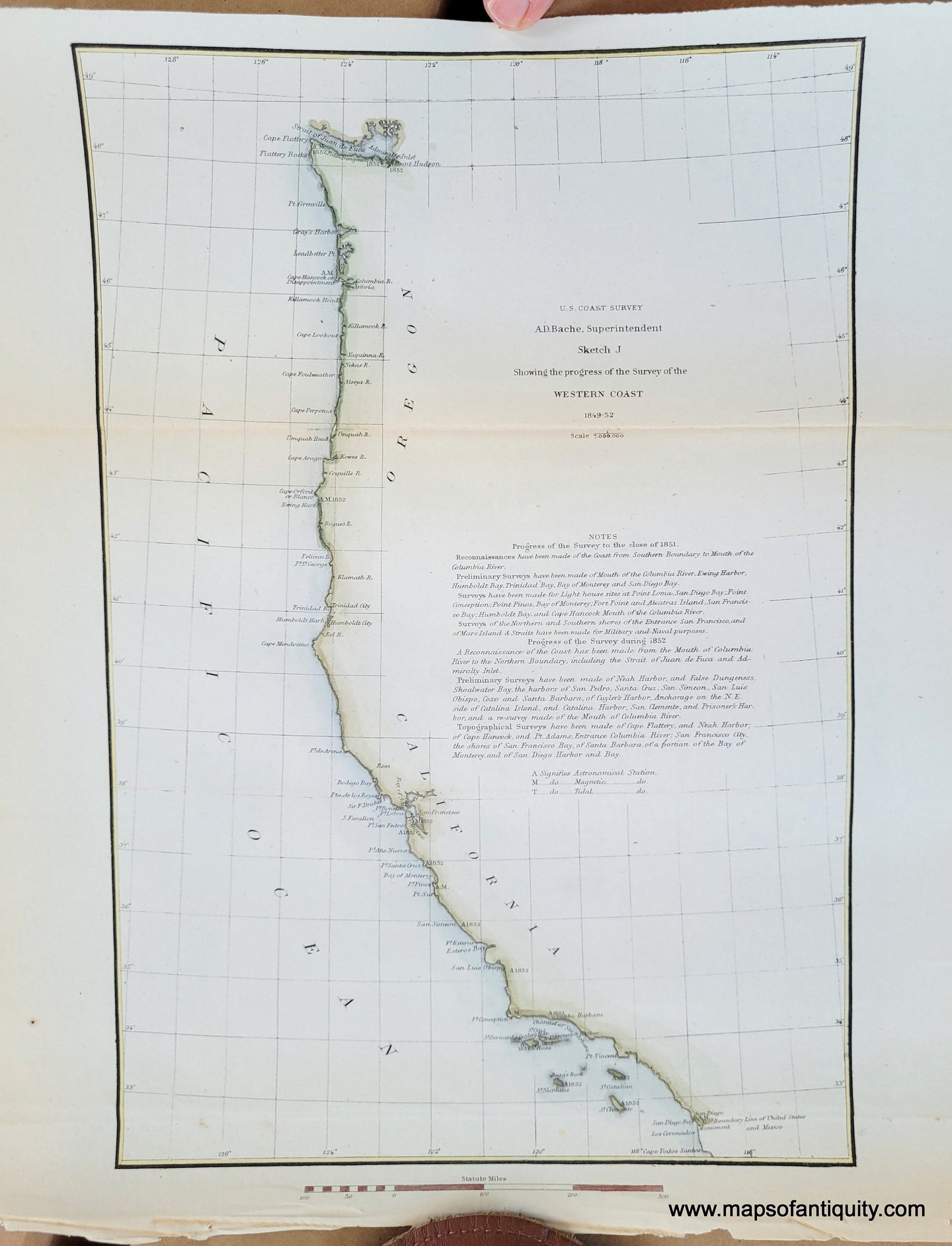 Hand-Colored-Antique-Coastal-Chart-Sketch-J-Showing-the-progress-of-the-Survey-of-the-Western-Coast**********-United-States-West-1852-U.S.-Coast-Survey