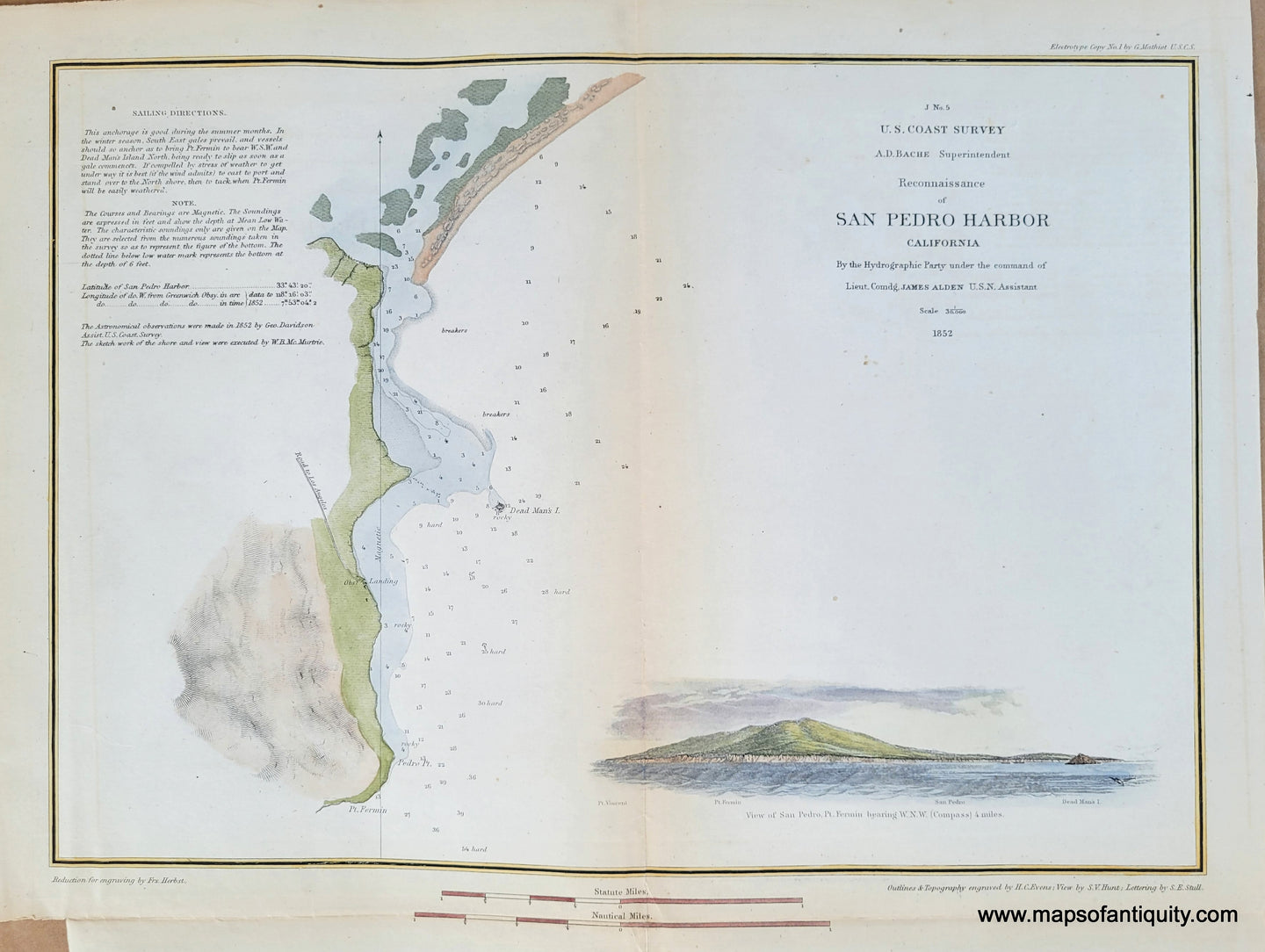 Genuine-Antique-Coast-Survey-Chart-Preliminary-Chart-of-San-Pedro-Harbor-California-1852-US-Coast-Survey-Maps-Of-Antiquity-1800s-19th-century