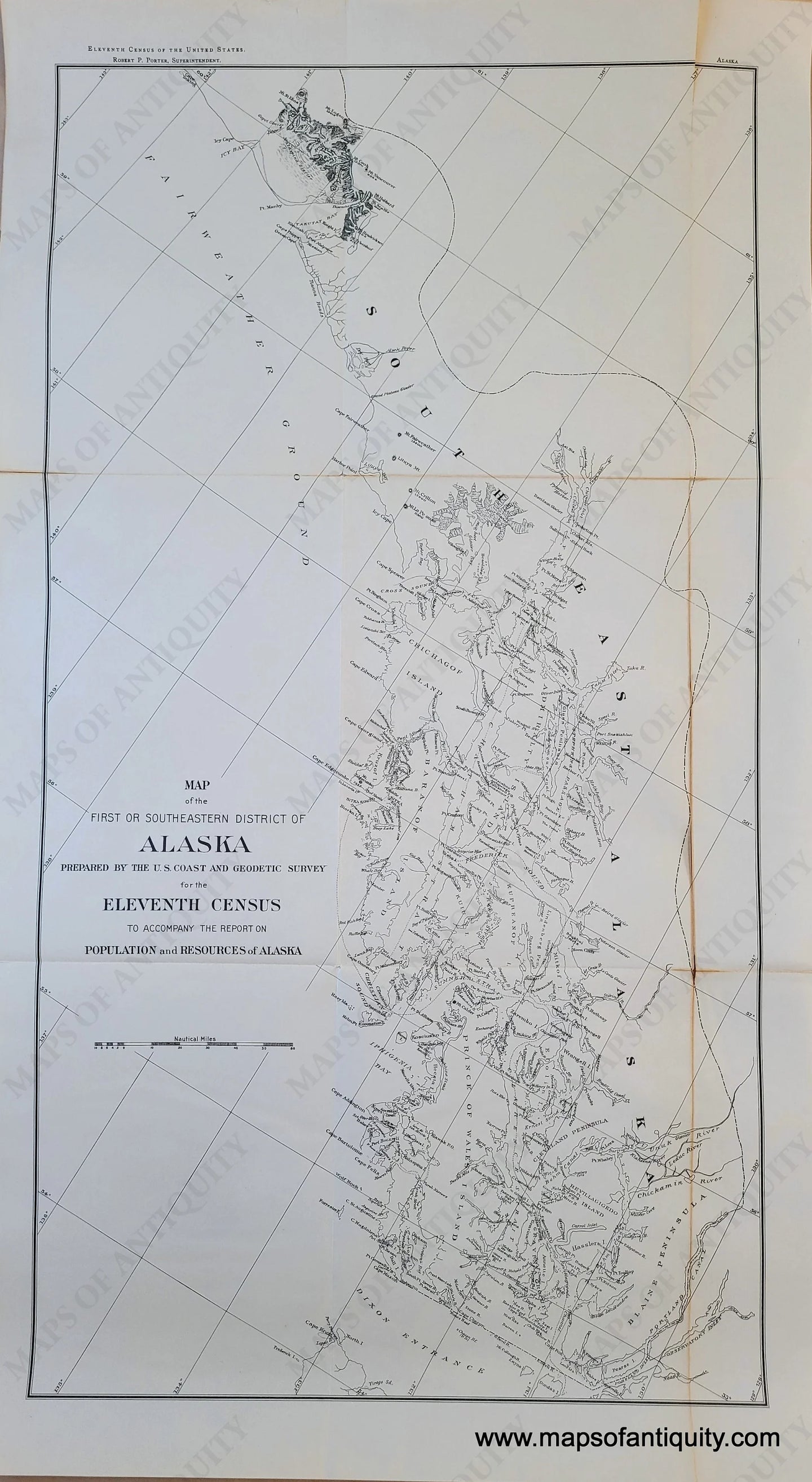 Genuine-Antique-Map-Map-of-the-First-or-Southeastern-District-of-Alaska-prepared-by-the-U-S-Coast-and-Geodetic-Survey-for-the-Eleventh-Census-to-accompany-the-report-on-Population-and-Resources-of-Alaska-1890-US-Census-Maps-Of-Antiquity