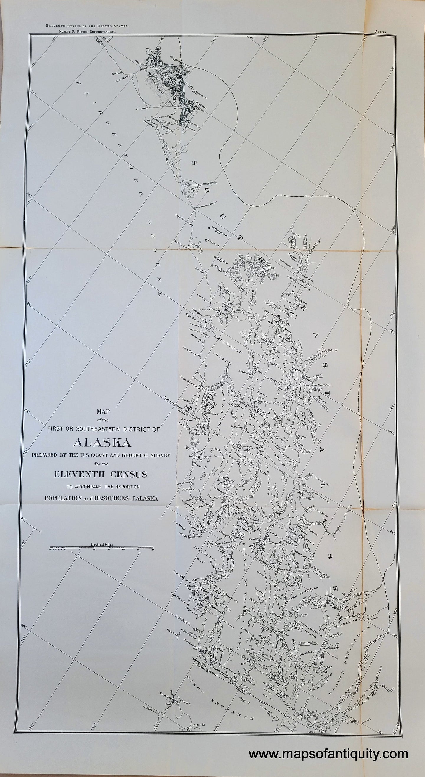 Genuine-Antique-Map-Map-of-the-First-or-Southeastern-District-of-Alaska-prepared-by-the-U-S-Coast-and-Geodetic-Survey-for-the-Eleventh-Census-to-accompany-the-report-on-Population-and-Resources-of-Alaska-1890-US-Census-Maps-Of-Antiquity