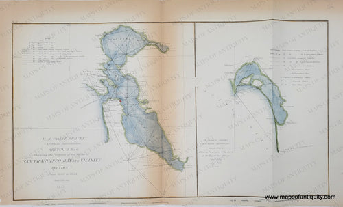 Page with two charts: left side is San Francisco Bay and right side is San Diego Bay. Colored with green along the coast and blue in the water. Genuine-Antique-Chart-Sketch-J-No-2-Survey-of-San-Francisco-Bay-and-Vicinity-Section-X-From-1850-to-1853-California-Coastal-Report-1853-US-Coast-Survey-Maps-Of-Antiquity-1800s-19th-century