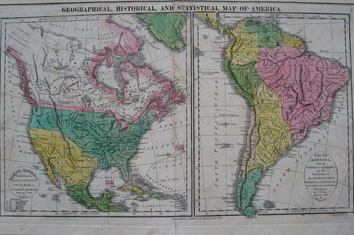 Antique-Hand-Colored-Map-Geographical-Historical-and-Statistical-Map-of-America.-North-America-Drawn-from-the-most-recent-Authorities-with-the-Tracks-of-Columbus-&-Cortez-Improved-to-1821-by-E.-Paguenaud.-South-America-w-World--1821-M.-Carey&-Son-Maps-Of-Antiquity