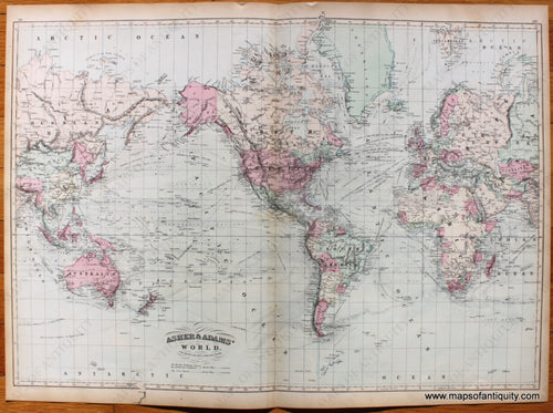 Antique-Map-World-On-Mercator's-Projection-Asher-&-Adams'-Adams-1873-1870s-1800s-Mid-Late-19th-Century-Maps-of-Antiquity