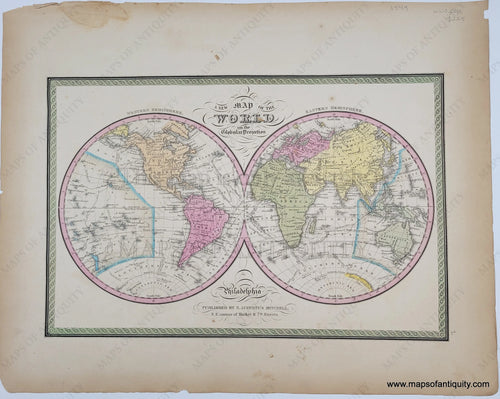 Antique Map hemisphere map of the world with original hand-coloring in tones of green, blue, yellow, peach, and pink.  Antique-Hand-Colored-Map-A-New-Map-of-the-World-on-Globular-Projection.-World--1849-Mitchell-Maps-Of-Antiquity