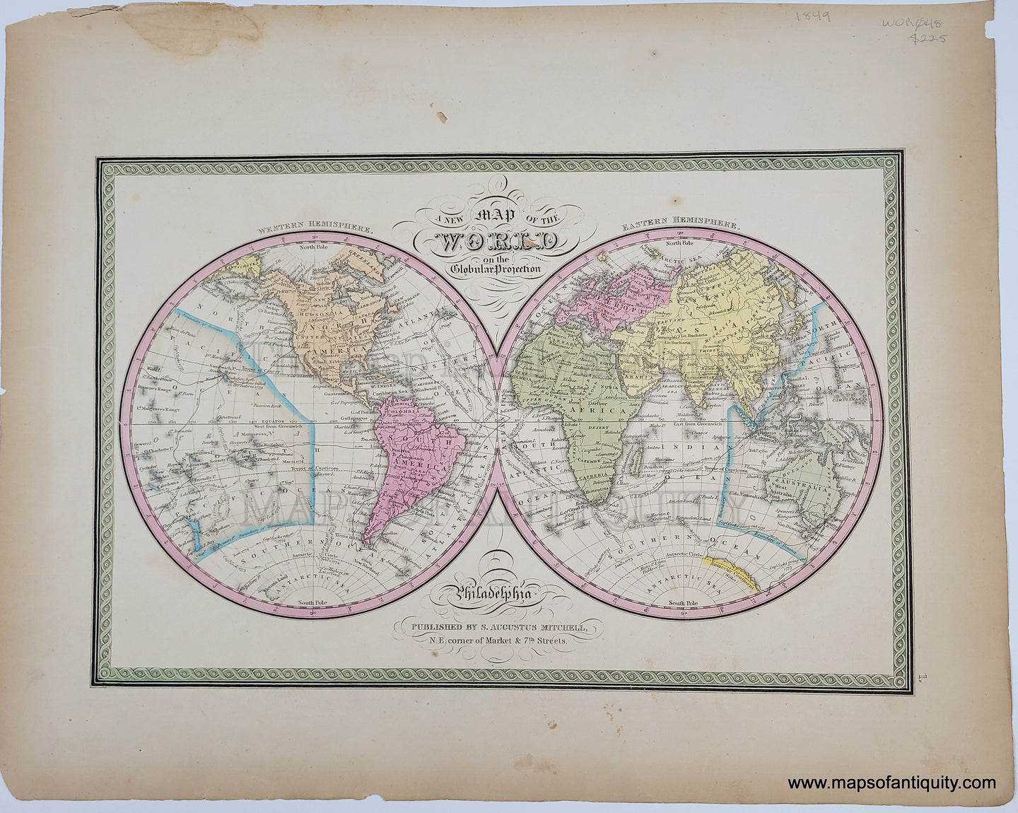 Antique Map hemisphere map of the world with original hand-coloring in tones of green, blue, yellow, peach, and pink.  Antique-Hand-Colored-Map-A-New-Map-of-the-World-on-Globular-Projection.-World--1849-Mitchell-Maps-Of-Antiquity