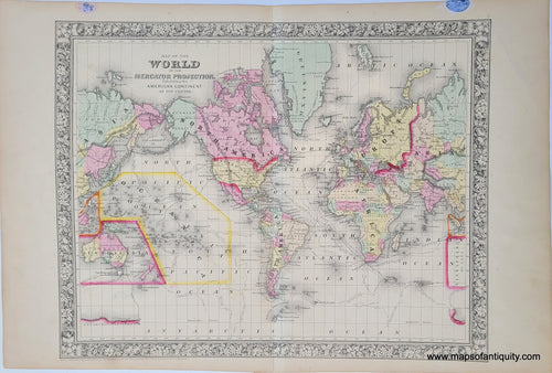 Antique-Hand-Colored-Map-Map-of-the-World-on-the-Mercator-Projection-Exhibiting-the-American-Continent-as-it's-Centre.-World--1860-Mitchell-Maps-Of-Antiquity
