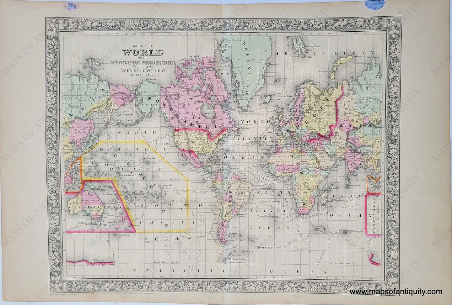 Antique-Hand-Colored-Map-Map-of-the-World-on-the-Mercator-Projection-Exhibiting-the-American-Continent-as-it's-Centre.-World--1860-Mitchell-Maps-Of-Antiquity