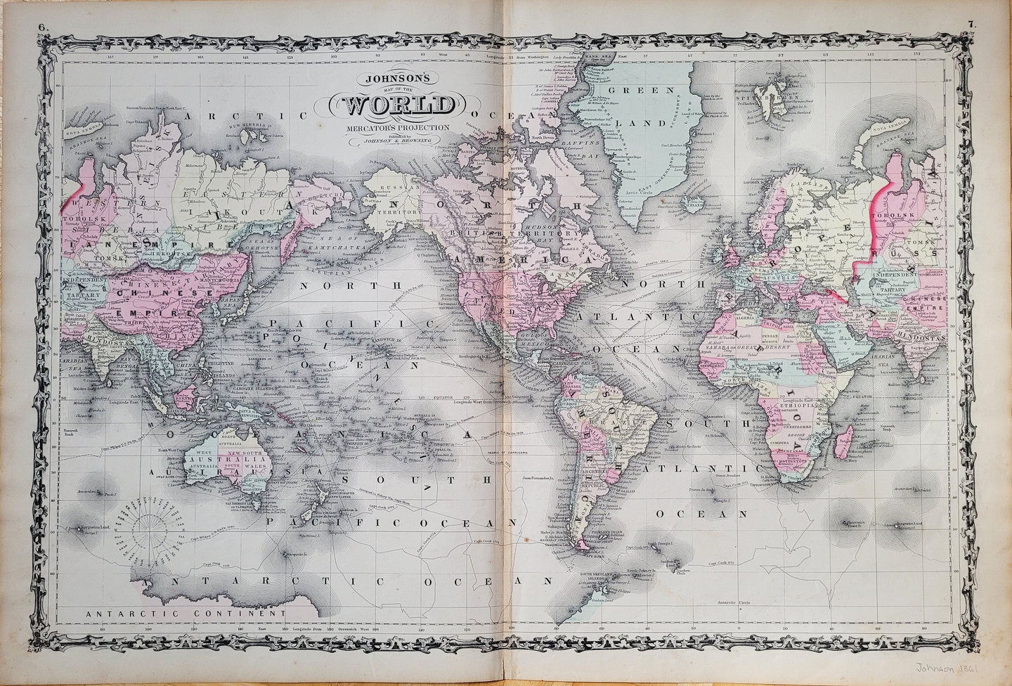 Antique-Hand-Colored-Map-Johnson's-Map-of-the-World-on-Mercator's-Projection-******-World--1861-Johnson-Maps-Of-Antiquity