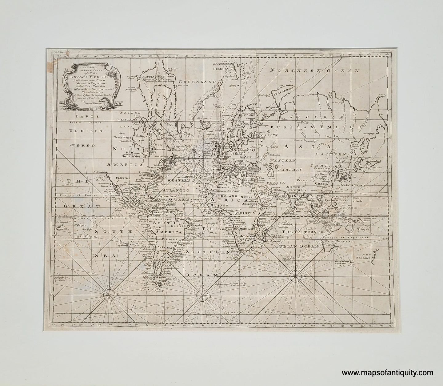 Genuine-Antique-Engraved-Black-and-White-Map-A-New-and-Correct-Chart-of-all-the-Known-World--1744-Emmanuel-Bowen-Maps-Of-Antiquity