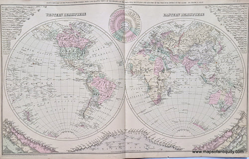 1884 - Gray's New Map of the World in Hemispheres, with Comparative Views of the Heights of Principal Mountains and Lengths of the Principal Rivers on the Globe  Antique Map