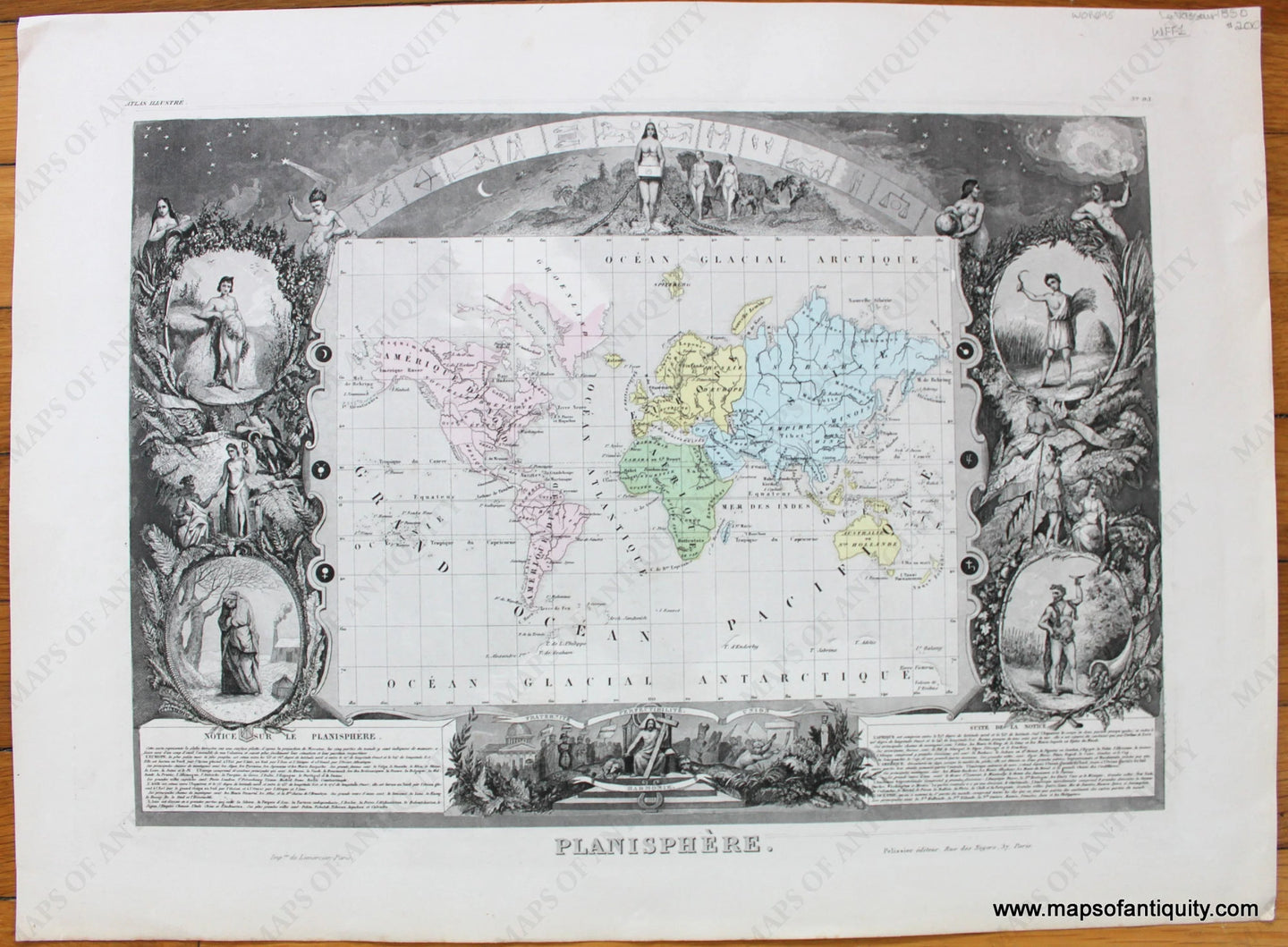 Antique-Hand-Colored-Map-Planisphere.-**********-World--1850-Levasseur-Maps-Of-Antiquity