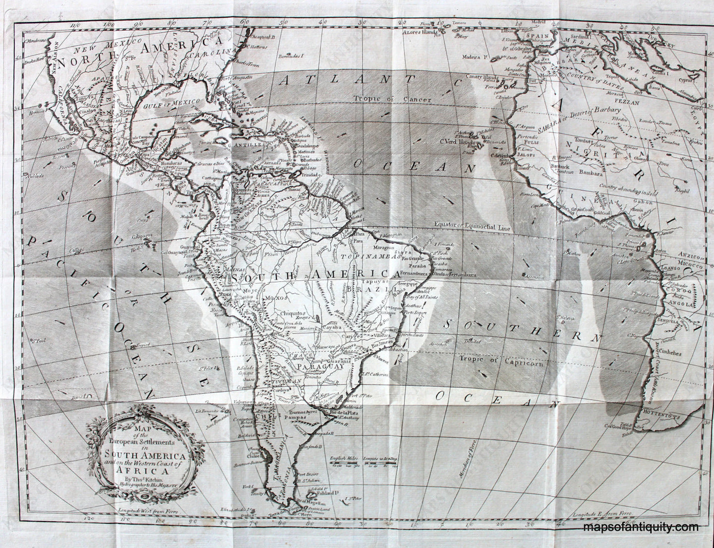 Black-and-White-Antique-Engraved-Map-European-Settlements-in-South-America-and-Western-Africa-******-World--c.-1780-Kitchin-Maps-Of-Antiquity