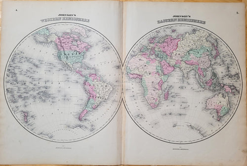 WOR115-Antique-Map-Johnsons-Western-Hemisphere-Eastern-Hemisphere-world-globe--1861-1860s-1800s-19th-century