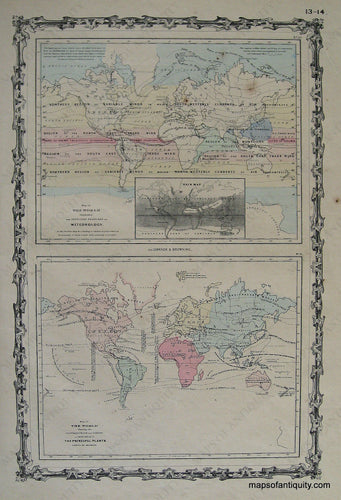 Antique-Hand-Colored-Map-World-Distribution-Map-of-Meteorology-Rainfall-and-Plants-World--1861-Johnson-Maps-Of-Antiquity