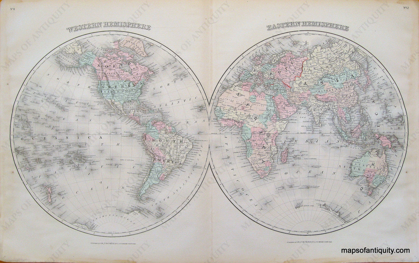 Antique-Hand-Colored-Map-Colton's-Western-Hemisphere-and-Eastern-Hemisphere-**********-World--1887-Colton-Maps-Of-Antiquity