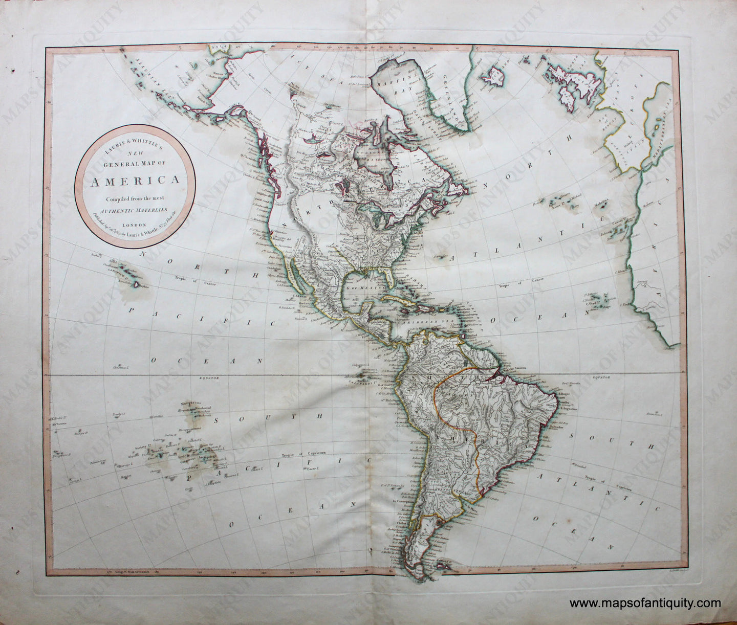 Antique-Hand-Colored-Map-New-General-Map-of-America-North-and-South-**********-World---1805-Laurie-&-Whittle-Maps-Of-Antiquity