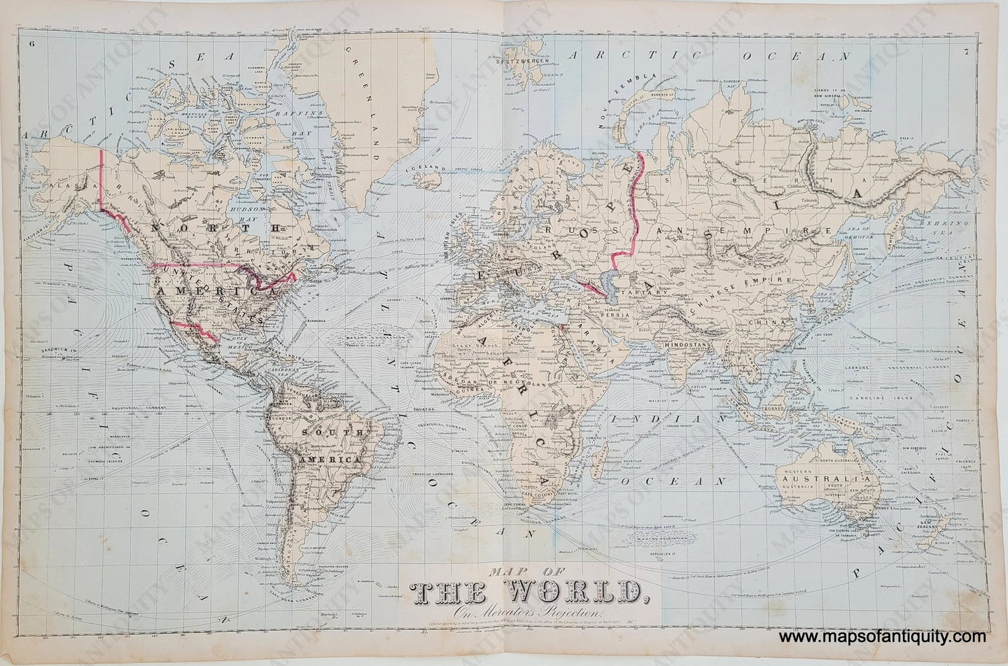 Antique-Hand-Colored-Map-Map-of-the-World-on-Mercator's-Projection-**********-World--1875-Beers-Maps-Of-Antiquity