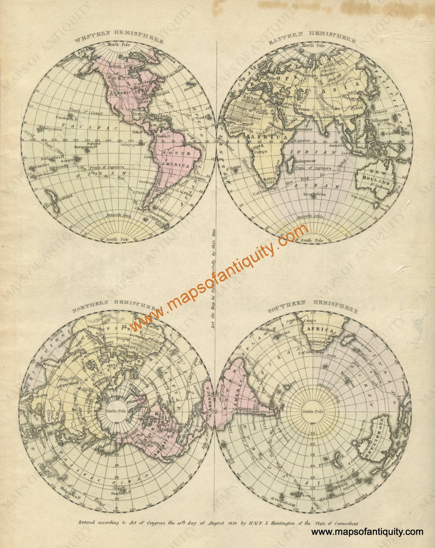 Antique-Hand-Colored-Map-The-Four-Hemispheres-of-the-World-World--1830/1833-Malte-Brun-Maps-Of-Antiquity