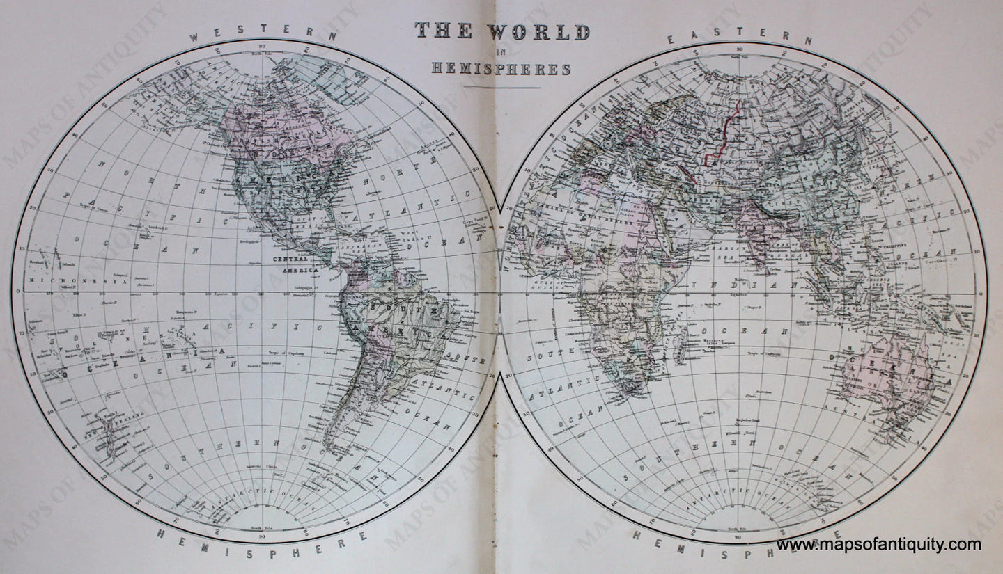 Antique-Hand-Colored-Map-The-World-in-Hemispheres-World-Western-&-Eastern-Hemisphere-1887-Bradley-Maps-Of-Antiquity