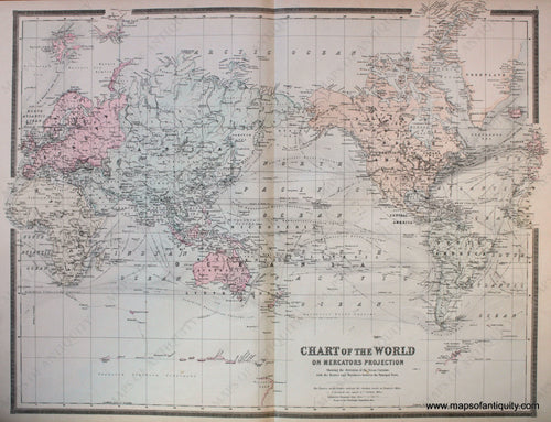 Antique-Hand-Colored-Map-Chart-of-the-World-on-Mercators-Projection-Showing-the-direction-of-the-Ocean-Currents-with-the-Routes-and-Distances-between-the-Principal-Ports.-World--1887-Bradley-Maps-Of-Antiquity