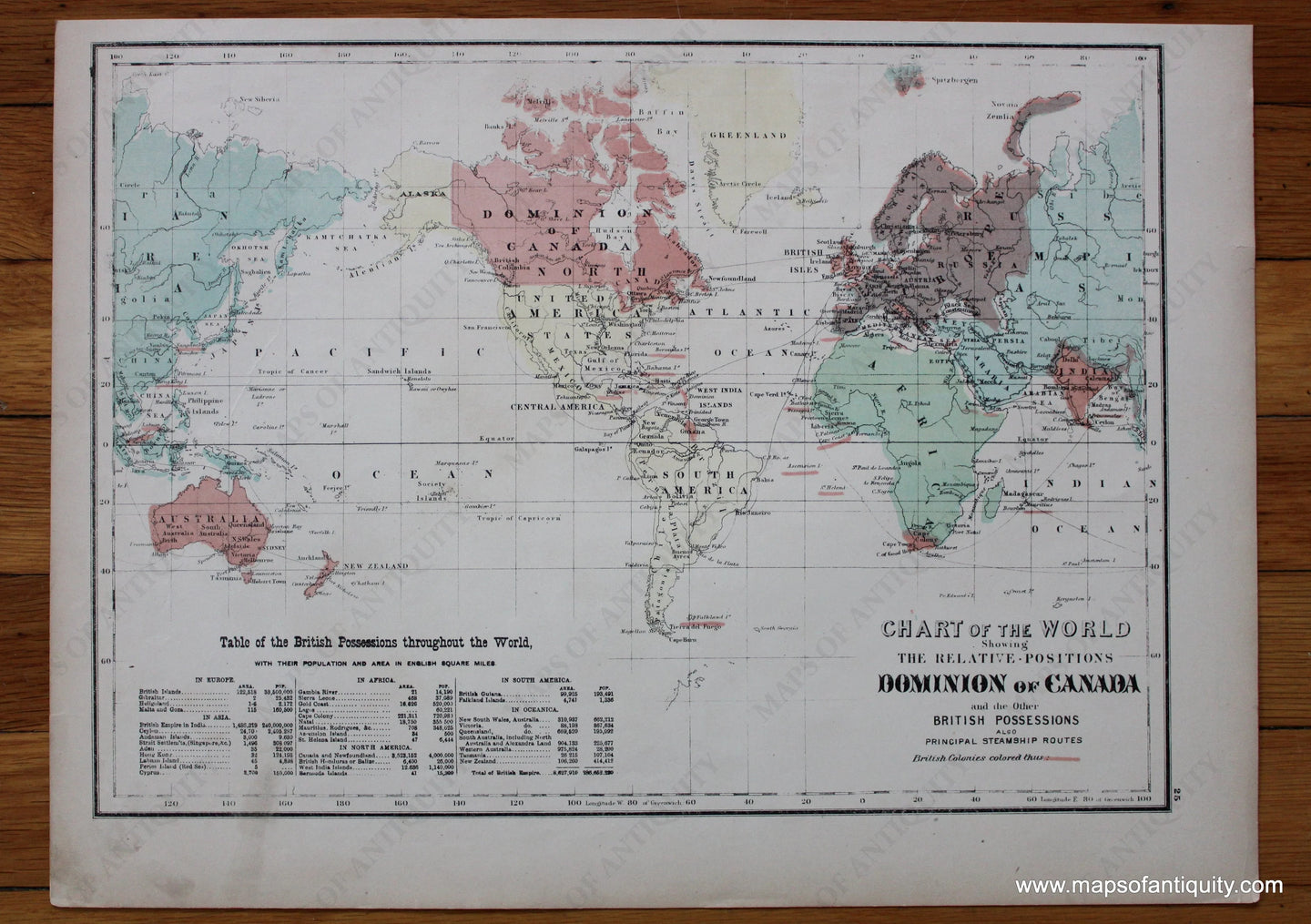 Antique-Printed-Color-Map-Chart-of-The-World-Showing-The-Relative-Positions-Dominion-of-Canada-and-the-Other-British-Possessions-Also-Principal-Steamship-Routes-World--1881-Belden-Maps-Of-Antiquity