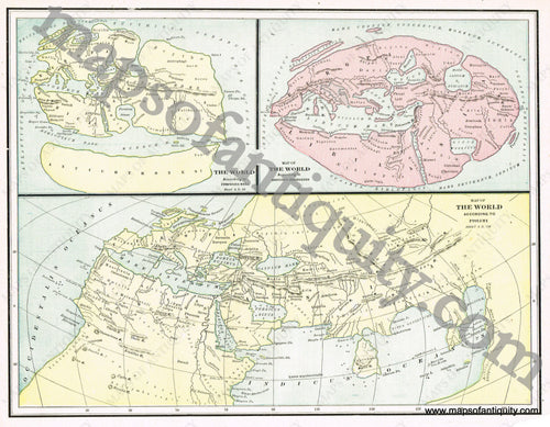 Antique-Printed-Color-Map-The-World-According-to-Pomponius-Mela-Map-of-The-World-According-to-Dionysius-Periegetes-and-Map-of-The-World-According-to-Ptolemy--World--1894-Cram-Maps-Of-Antiquity