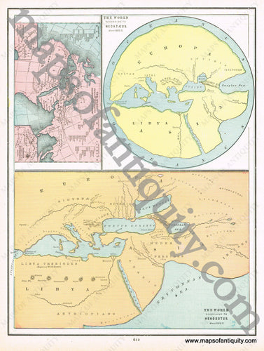 Antique-Printed-Color-Map-The-World-According-to-Hecataeus-The-World-According-to-Herodotus-and-The-World-Showing-The-Primitive-Settlements-of-the-Descendants-of-Noah-World--1894-Cram-Maps-Of-Antiquity